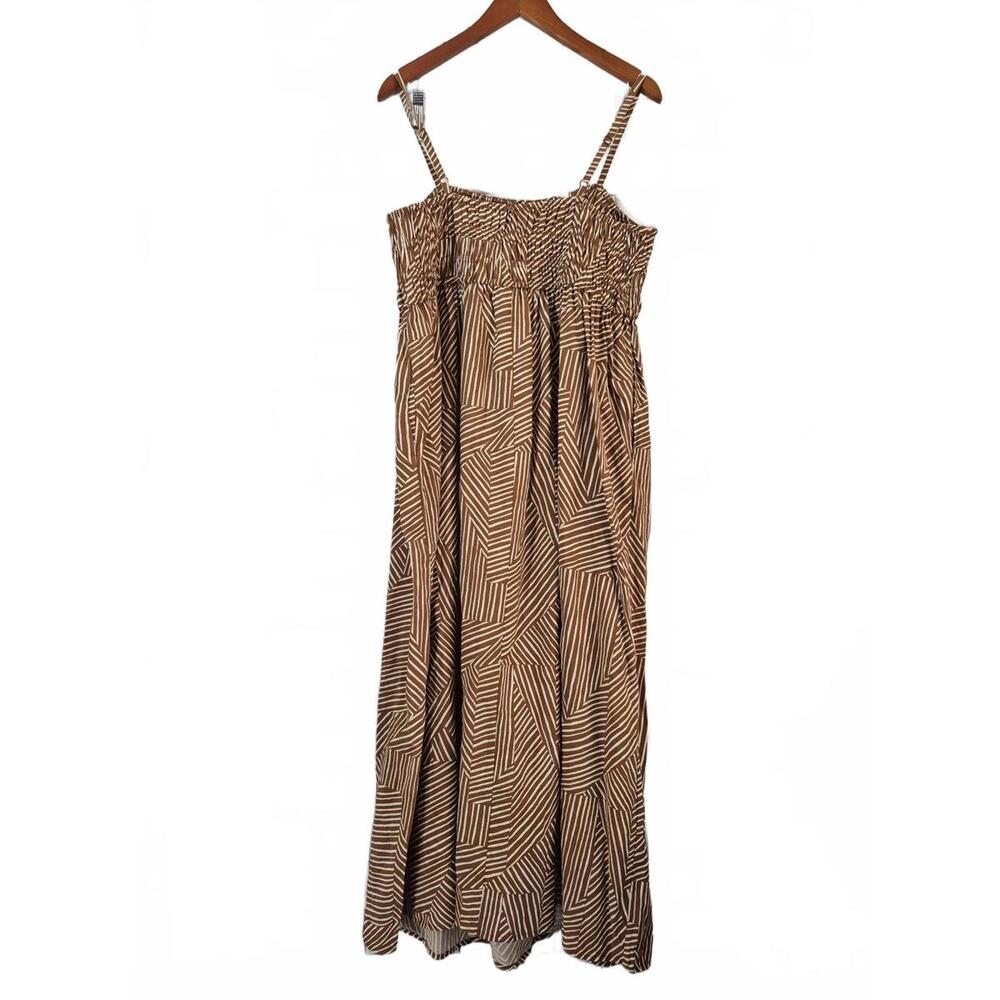 A New Day Ladies Brown White Striped Sundress Smocked Bodice Midi